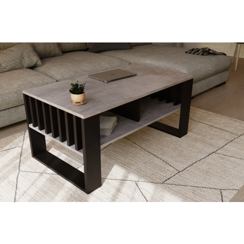 Stolik kawowy ST14 BET z lamelami Ława Beton/Czarny z półką loft